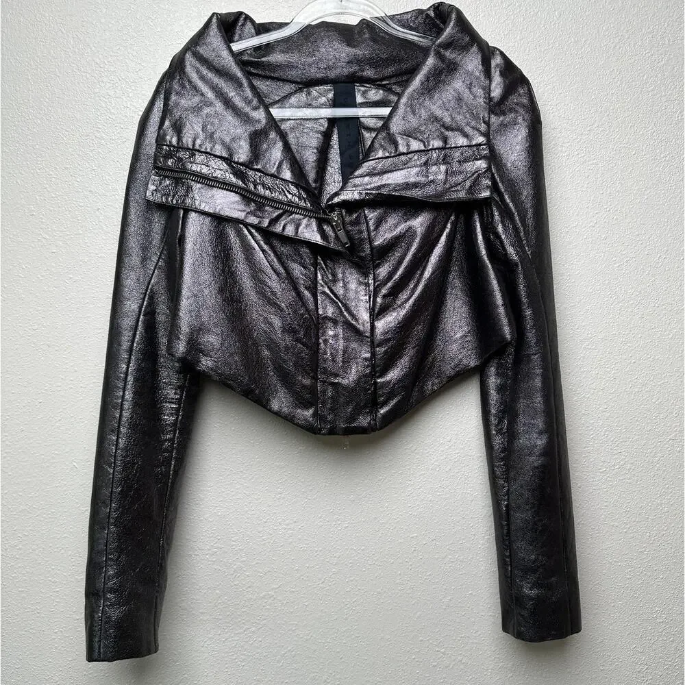 Gareth Pugh gunmetal calf leather cropped jacket women’s 10 draped zip - Picture 2 of 16